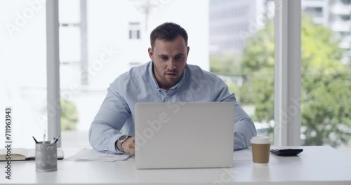 Laptop, 404 and stress with frustrated businessman at work on problem or error in office. Computer, glitch and banging desk with angry employee in workplace for compliance, tax or financial debt photo