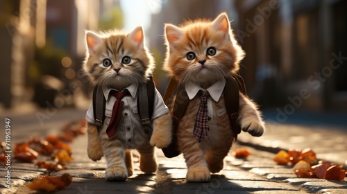two cute kittens in shirt and tie walking with backpack.