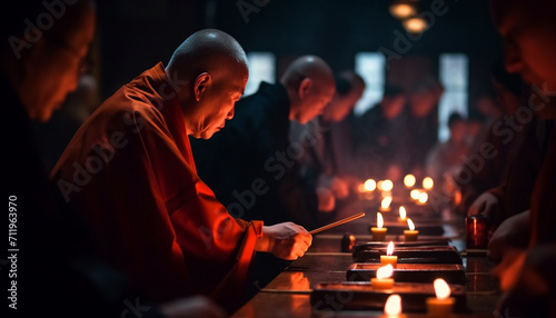 Men and women praying  holding candles  celebrating spirituality indoors generated by AI