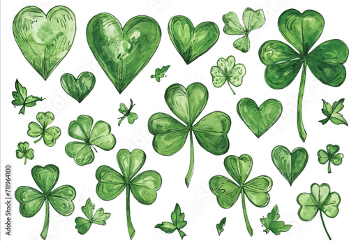 Hand drawn watercolor shamrock four leaf clover collection