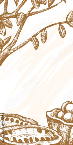 Hand-drawn cacao branch and beans sketch. Artistic chocolate ingredient drawing. Botanical illustration of cocoa pods and foliage. Organic food and agriculture concept vector illustration.