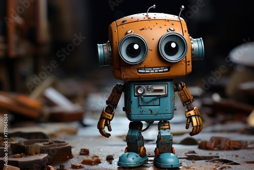 A small automaton toy robot stands alone on a cold, lifeless floor, yearning for the warmth and love of a child's embrace