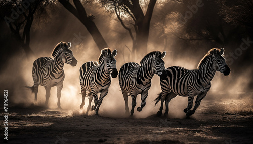 Zebra herd grazing in the African savannah  beauty in nature generated by AI