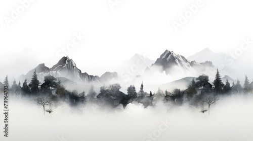 chinese ink painting of mountains with fog, ai