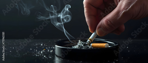 Close up hand stubbing smoldering cigarette over Black ceramic ashtray on the table against black background. 