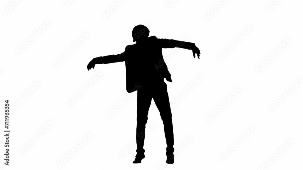 Portrait of male model in studio isolated on white background with alpha channel. Silhouette of businessman in suit holding smartphone and dancing. Portrait of male model in studio isolated on white background with alpha channel. Silhouette of businessman in suit holding smartphone and dancing.