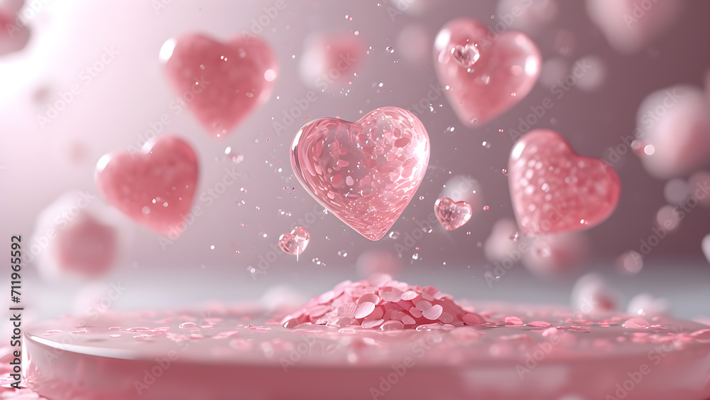 Levitating Pink Hearts with Glitter on Dreamy Background