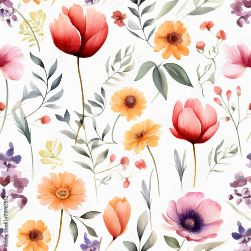 Seamless pattern of Asian flowers, watercolor, Wrapping paper pattern