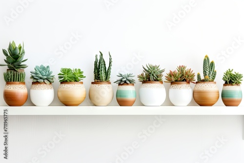 Shelf with white pots with cactaceae on white wall