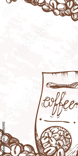Coffee beans and a cup with calligraphy. Drawn style cafe menu design. Comfor...