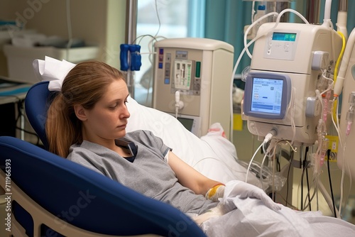 A compassionate scene portraying a patient undergoing dialysis treatment in a modern healthcare facility