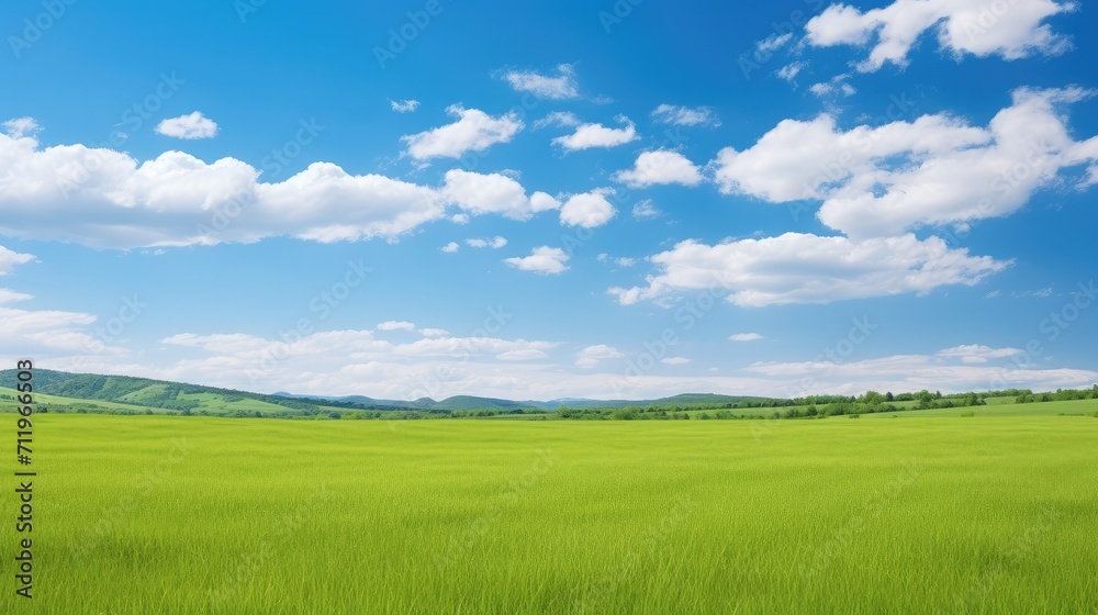 A serene and picturesque scene featuring lush green grass against a backdrop of a clear blue sky adorned with fluffy white clouds A serene and picturesque scene featuring lush green grass against a backdrop of a clear blue sky adorned with fluffy white clouds
