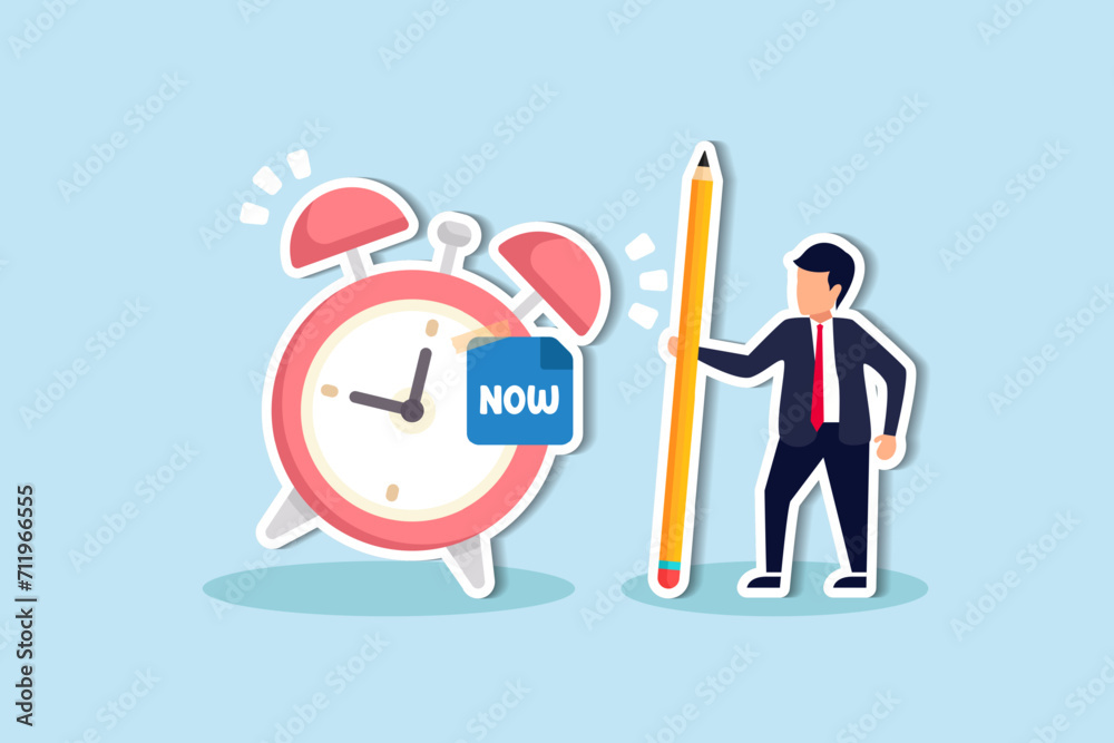 Stop procrastination, do it now or decision to finish work or appointment in time, punctuality concept, businessman with pencil after he wrote the word Now on note and stick it on ringing alarm clock.