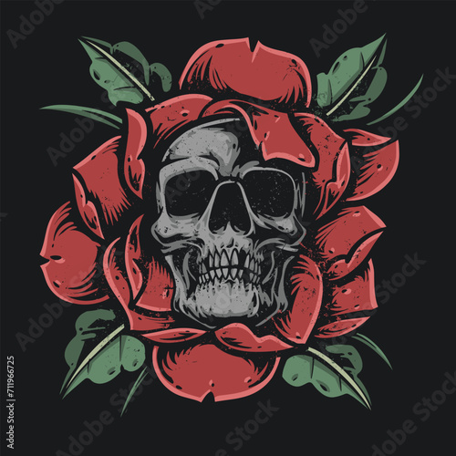 skull inside red rose illustration