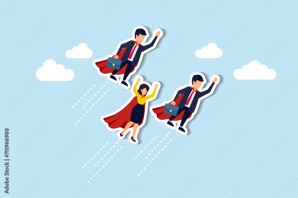 Professional people to help business success, teamwork or unity, super power to grow business fast, strength or team support concept, business people team members superhero flying high up in the sky.