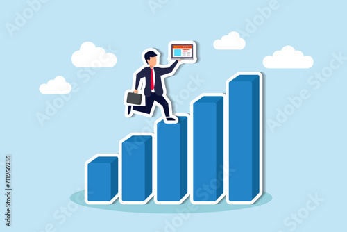 Growth or improvement, progress on career path to achieve business goal, motivation to success, step to skill development concept, businessman working on laptop walk up growing graph and chart.