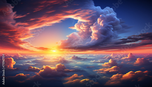 Vibrant sky, nature beauty, sunset paints tranquil horizon generated by AI