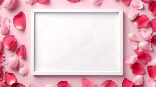 Blank white card with frame among pink and red roses petals on pink background, for Greeting, postcard, birthday, wedding invite mock up view from top