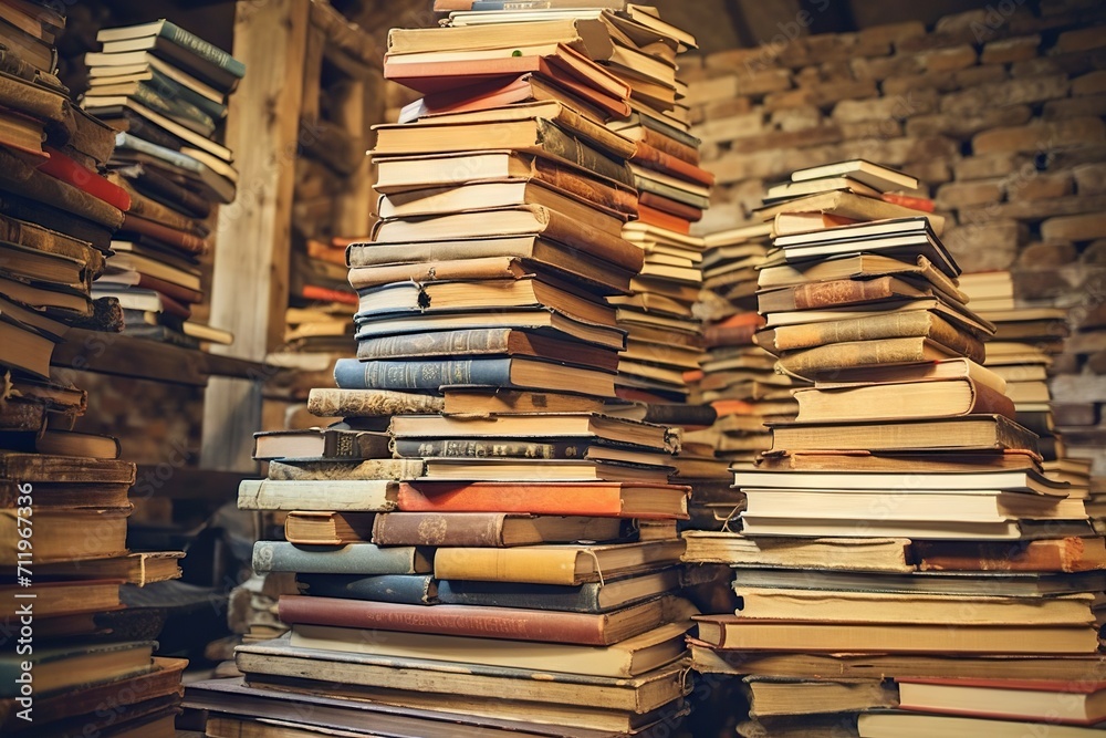 Fototapeta premium Books piled up and forgotten in a storage room
