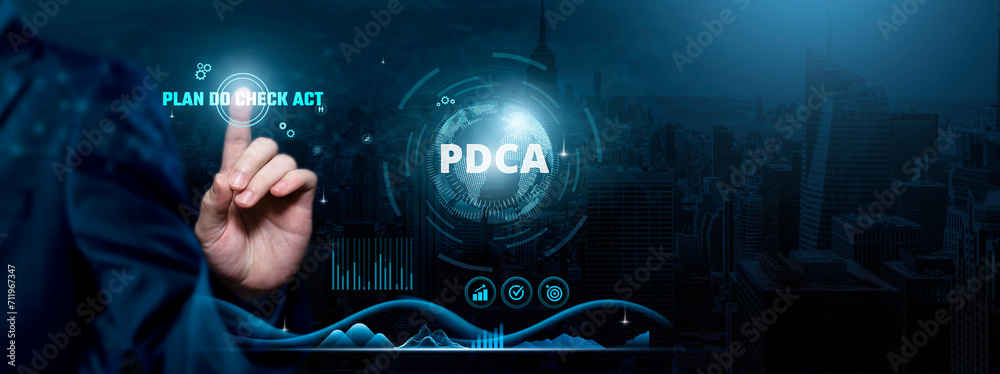 PDCA (Plan-Do-Check-Act), Continuous Improvement, Iterative Processes, Businessman touch PDCA-related text on the global network cyberspace, technology, and innovation concept. - obrazy, fototapety, plakaty 