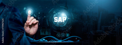 SAP, Enterprise Solutions, Streamlined Operations, Businessman touch SAP-related Icon on the global network cyberspace, technology, and innovation concept.