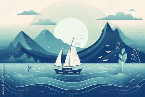Illustration of maritime scenery with waves, boat, and mountains. Signifies wanderlust, adventure, and travel. Generative AI