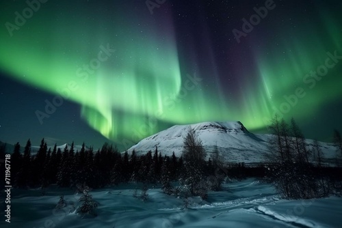 Northern lights  green aurora borealis in snowy mountain landscape. Generative AI