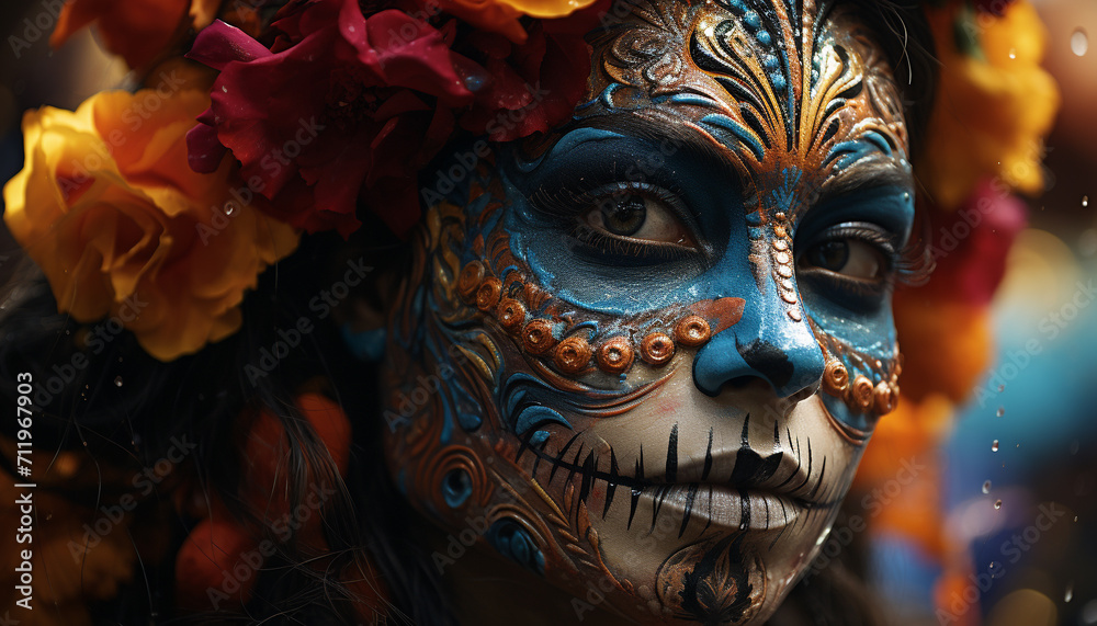 A beautiful woman in a colorful mask celebrates Halloween generated by AI