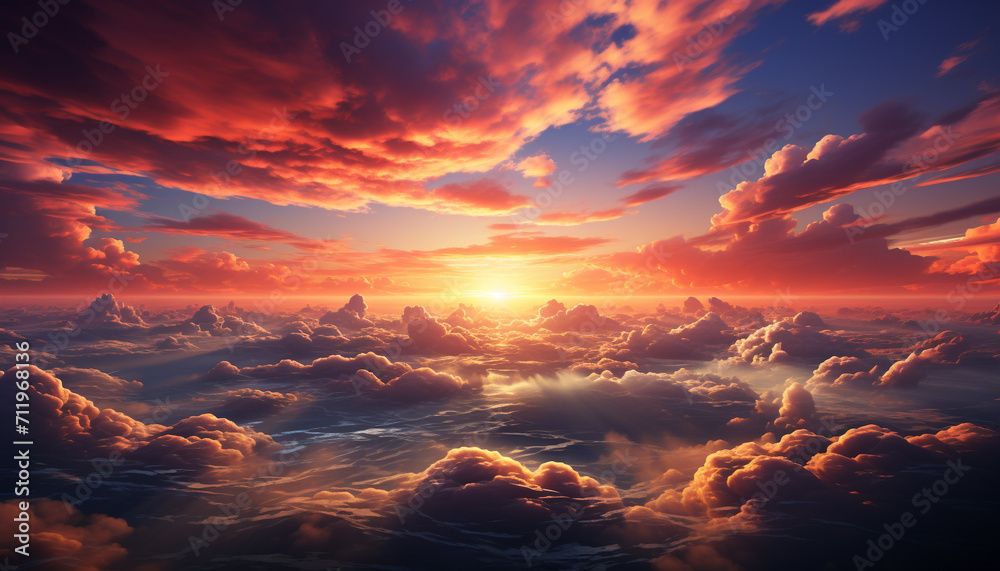 Sunset sky over the horizon, a vibrant and tranquil beauty generated by AI