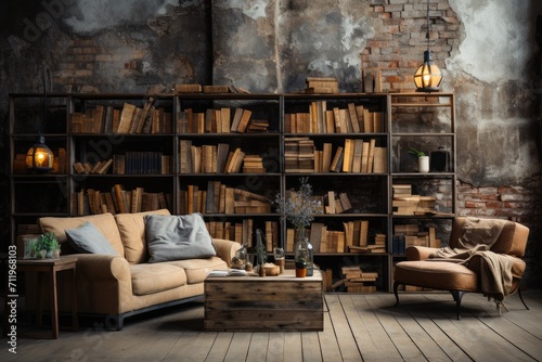 Cozy up with a good book on the plush studio couch surrounded by a wall of shelving in this charming indoor living room design photo