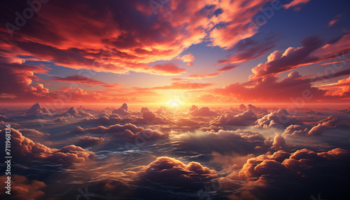 Sunset sky over the horizon, a vibrant and tranquil beauty generated by AI