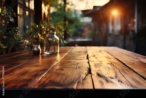 A solitary jar rests atop a weathered wooden table, basking in the soft light of the setting sun as it stands alone on the empty street, surrounded by the trees and the ground below, a symbol of quie