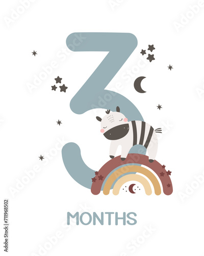 Baby milestone card. Cartoon zebra, number, hand drawing lettering, decor elements. Colorful vector illustration, flat style. design for greeting cards, print, poster