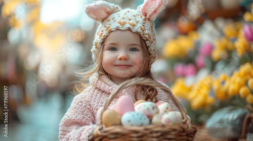 A little one delightfully holding a basket filled with colorful Easter eggs, surrounded by festive decorations, the HD camera capturing the innocence and happiness of the celebration