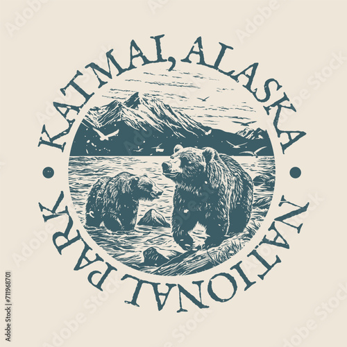 Katmai, Alaska, United States Illustration Clip Art Design Shape. National Park Vintage Icon Vector Stamp.