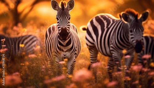 African zebra herd standing in the savannah  looking at camera generated by AI
