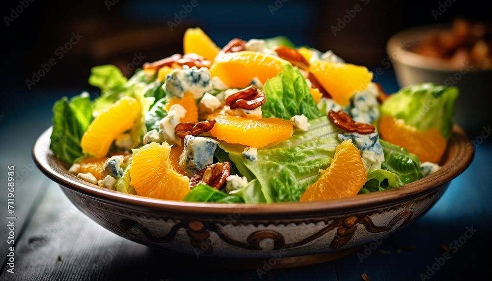 Freshness and variety on a plate salad, fruit, and vegetables generated by AI Freshness and variety on a plate salad, fruit, and vegetables generated by AI