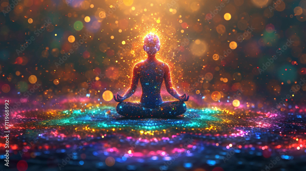 Bokeh Style Artwork of a Person Seated in the Lotus Position While Meditating in a Rainbow-Colored Environment