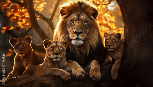 Majestic lioness and her cute cubs hide in African savannah generated by AI