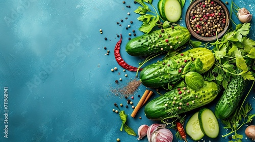 Pickled cucumbers and different spices on blue background