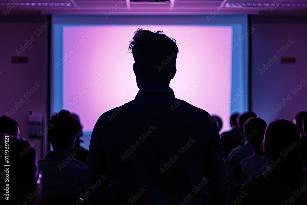 Silhouette of a male speaker against a projector screen in a university workshop, with an audience in a lecture hall, depicting a training session Silhouette of a male speaker against a projector screen in a university workshop, with an audience in a lecture hall, depicting a training session