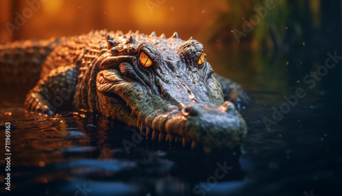 Crocodile lurking in the swamp, its teeth ready to strike generated by AI