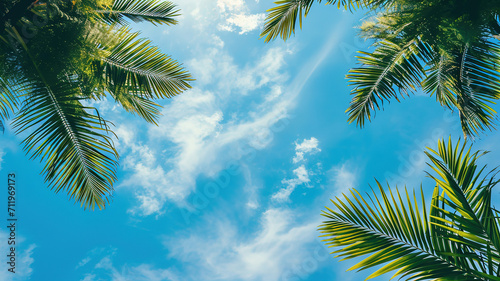 Tropical summer background with palm leaves framing blue sky