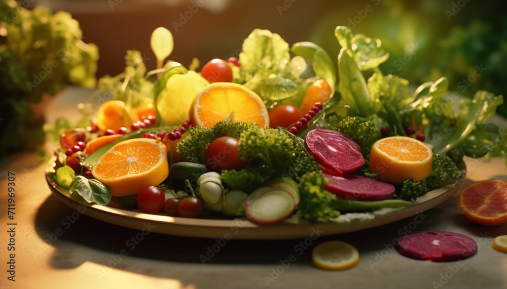 Freshness and variety on a plate of healthy vegetarian salad generated by AI