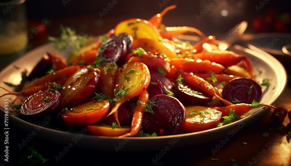 Fresh, healthy tomato salad on a gourmet vegetarian plate generated by AI Fresh, healthy tomato salad on a gourmet vegetarian plate generated by AI