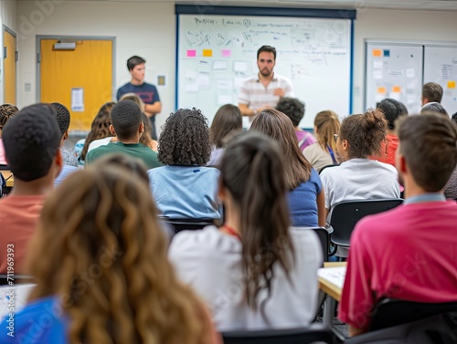 A classroom filled with college students, seen from the back, all turned towards a teacher at a whiteboard, interactive learning scene. Created Using: group photography, classroom interaction, teacher
