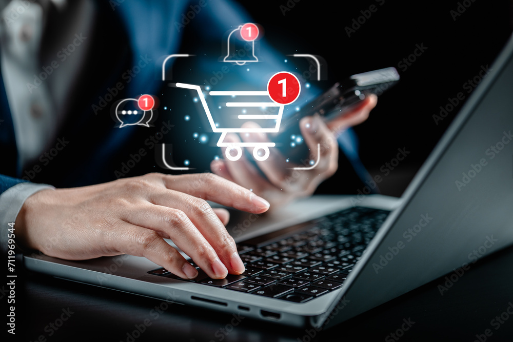 Business women using smartphones for shopping online, shopping cart icons have notice messages buy item time and chat to the seller, .App shopping online and home delivery, e-commerce platform service - obrazy, fototapety, plakaty 