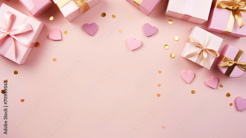 Valentine's day flat lay theme with gift boxes and hearts on a pink background Valentine's day flat lay theme with gift boxes and hearts on a pink background