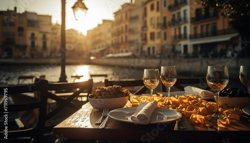 Romantic sunset, gourmet meal, Italian culture, luxury travel, elegant wine generated by AI