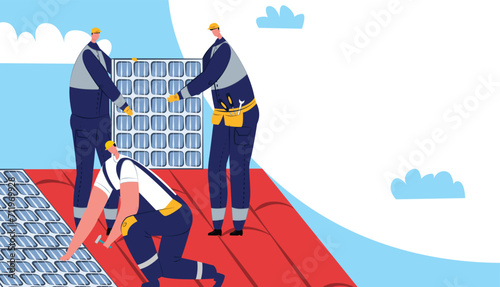Three male construction workers installing solar panels on roof. Technicians working with solar modules in a renewable energy project. Sustainable technology and green jobs vector illustration.